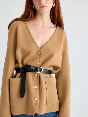 J. Crew Giselle V-Neck Sweater Blazer Tan Size S Gold Buttons Merino Wool Blend